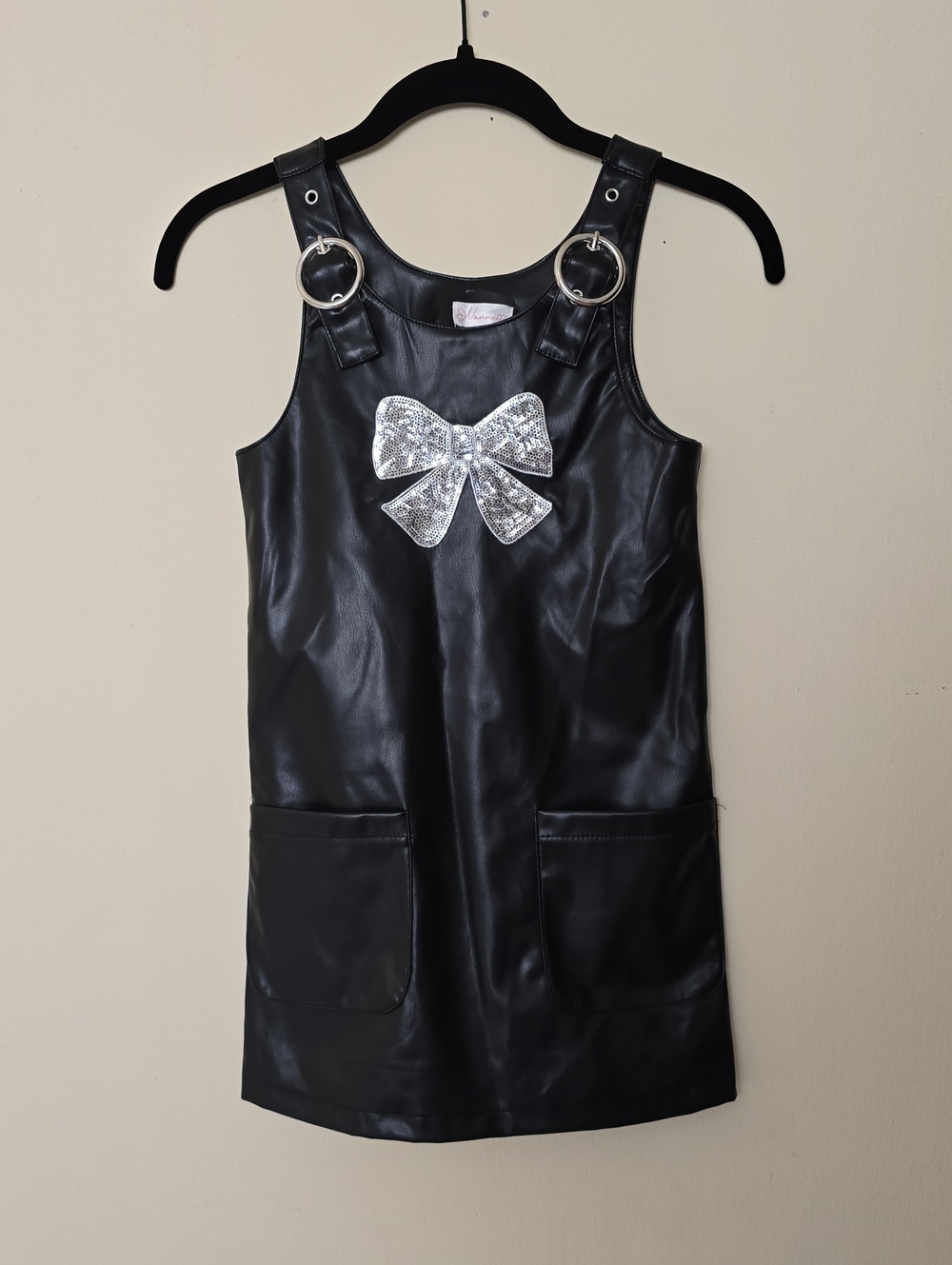 Nannette Faux Leather Black Girls Jumper Dress With Sequin Silver Bow Size 6